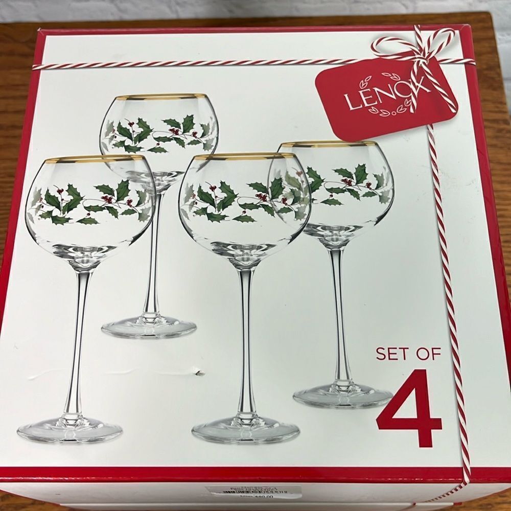 Lenox® Holiday™ Balloon Wine Glasses (Set of 4) Holly w/ gold rim new in box